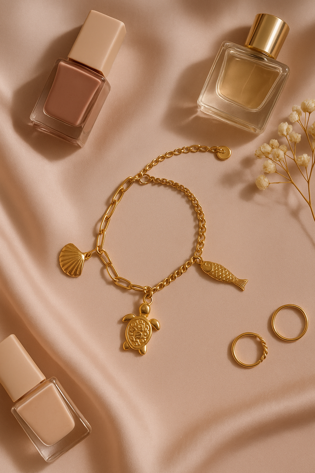Bracelet on blush pink silk with accessories