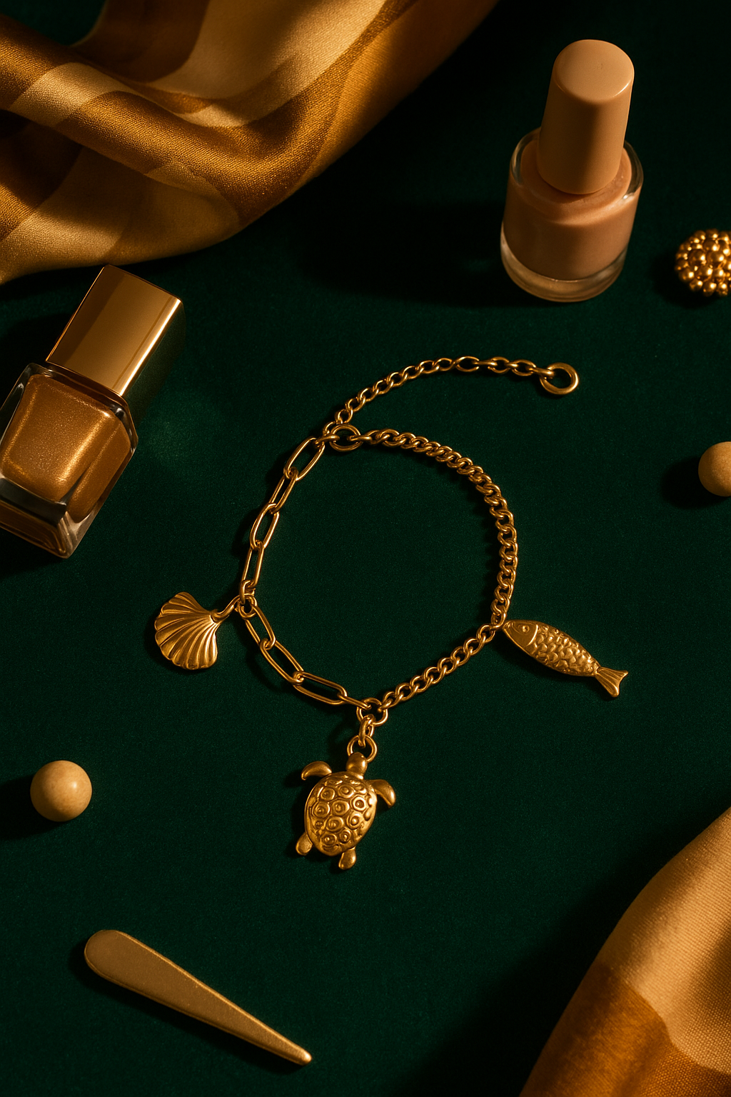 Bracelet on emerald velvet with beauty products