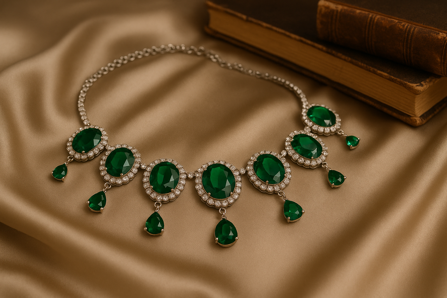 Emerald necklace arranged on silk cloth with leather books