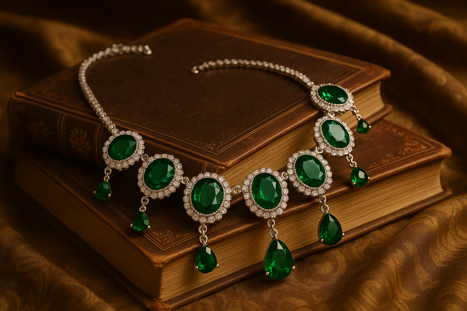 Emerald necklace displayed near vintage books and fabric