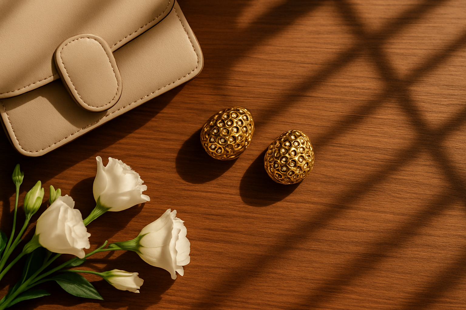 Golden textured dome stud earrings on stylish table with handbag and flowers