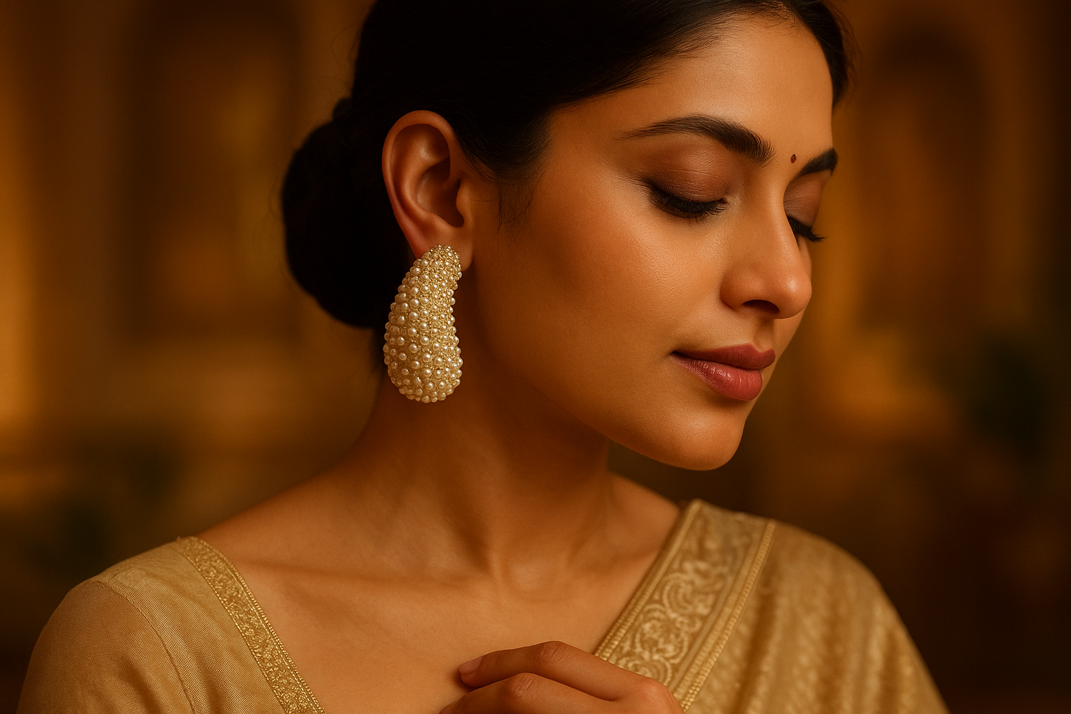 Model wearing earrings in traditional setting