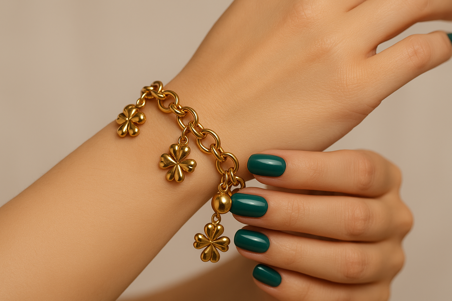 Model wearing golden clover charm bracelet with teal green nails