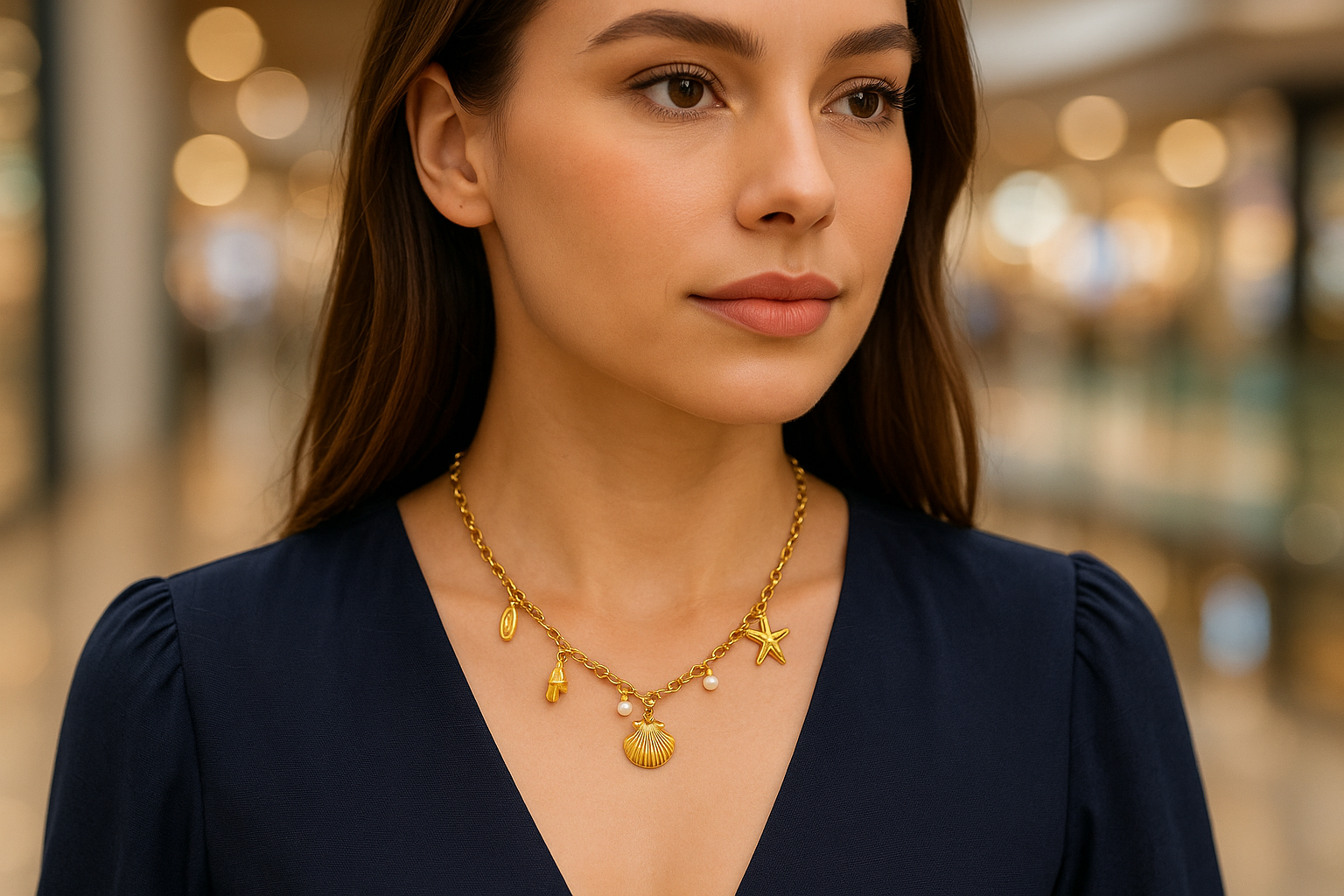 Model wearing golden sea shell charm necklace