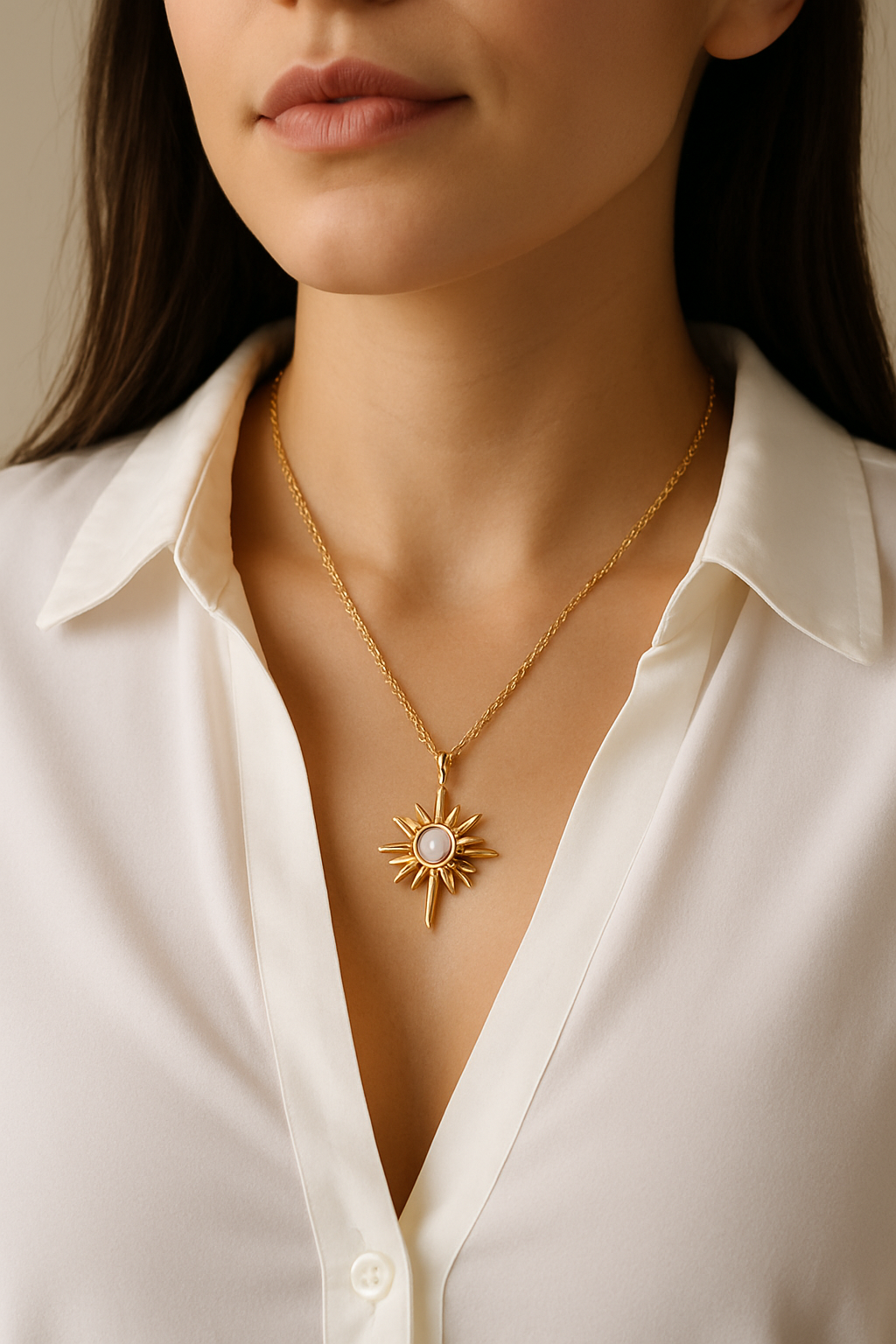Model wearing golden sunburst necklace in white shirt