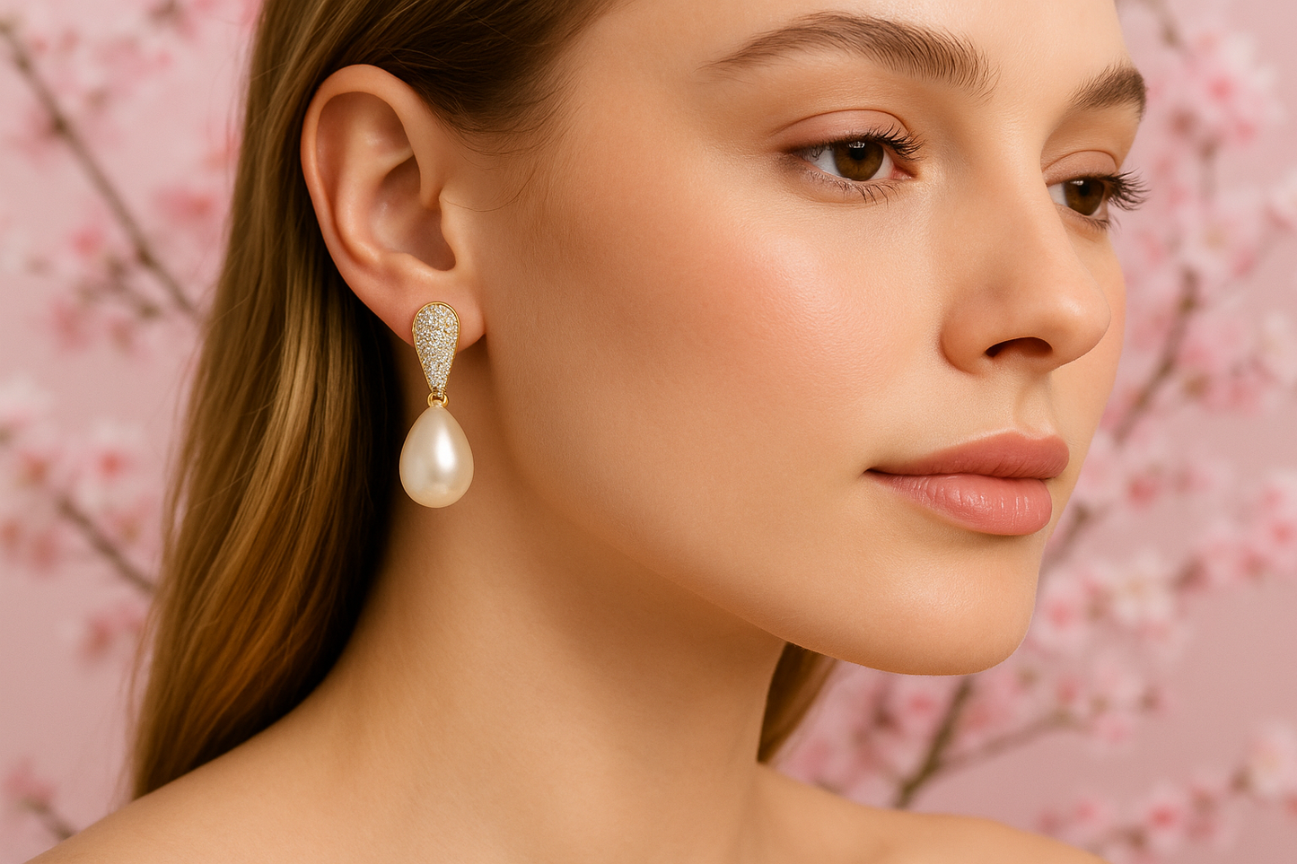 Model wearing pearl drop earrings with floral background