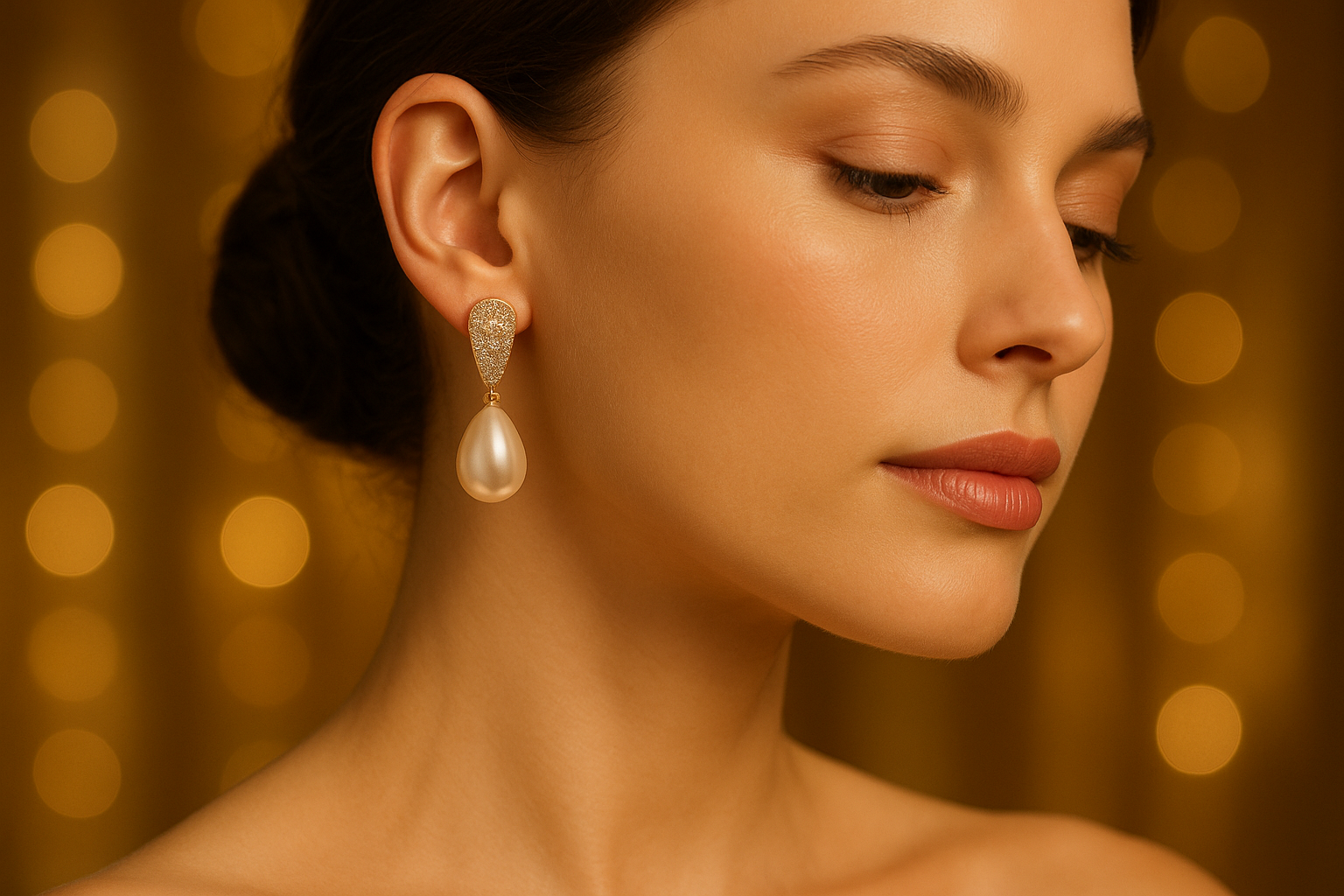 Model wearing pearl drop earrings with golden bokeh background