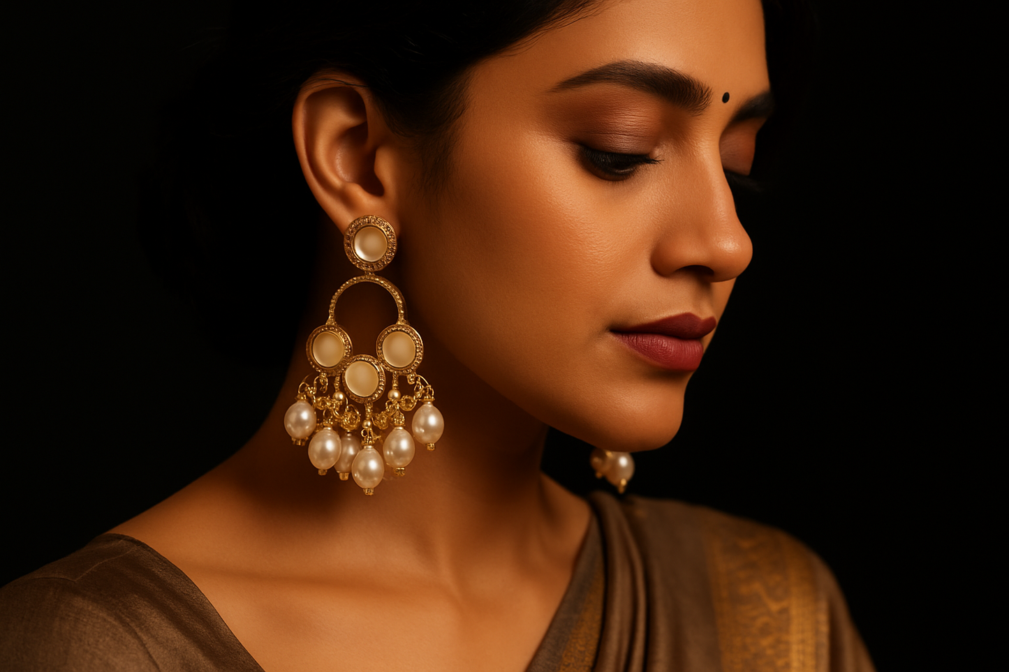 Model wearing traditional chandelier earrings in saree with black background