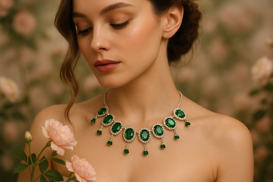 Professional model wearing emerald green statement necklace with floral theme