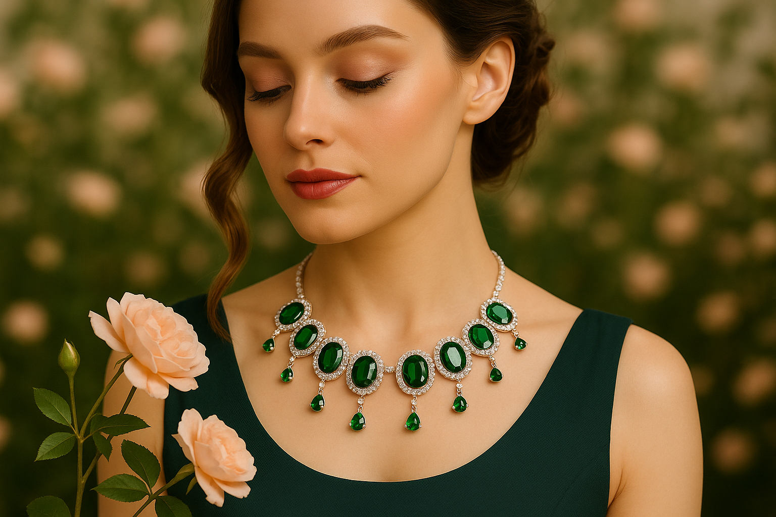 Model wearing emerald necklace in afternoon dress with natural lighting
