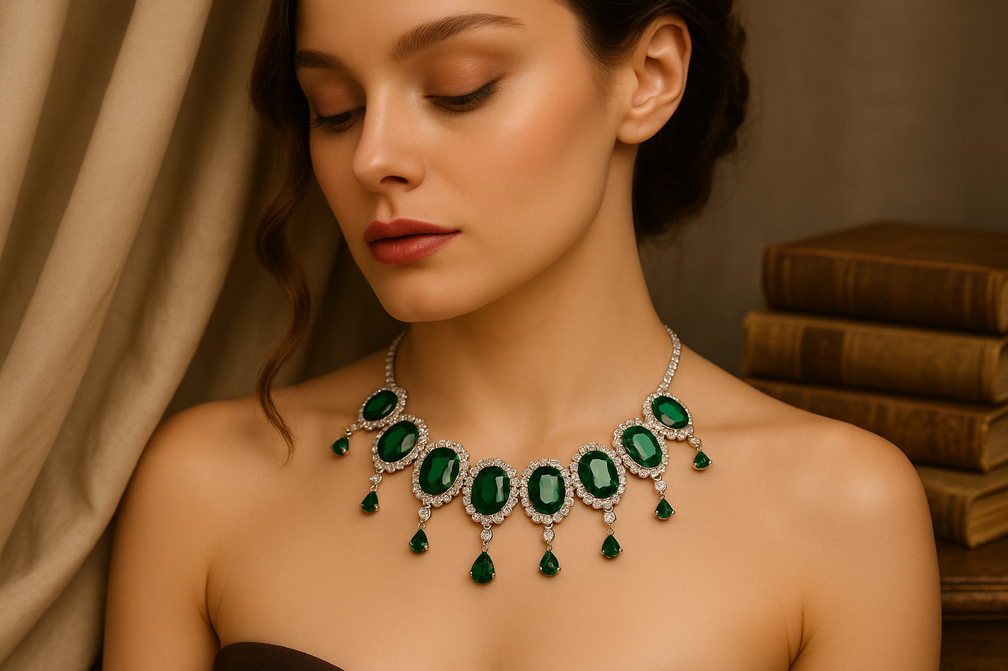 Model wearing emerald necklace with cloth and books background