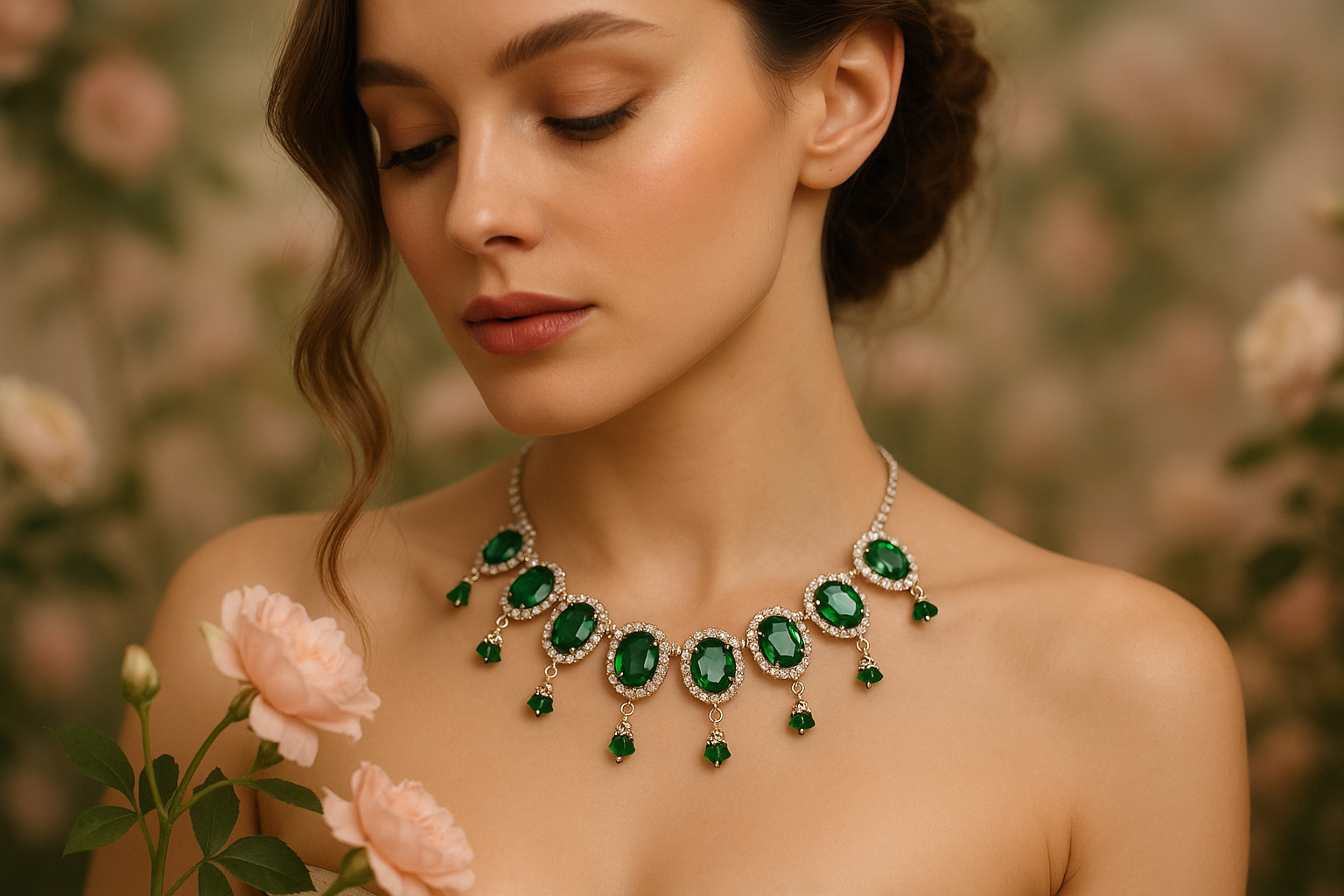Professional model wearing emerald green statement necklace with floral theme