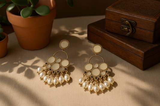 Traditional chandelier earrings with flower pot and box background
